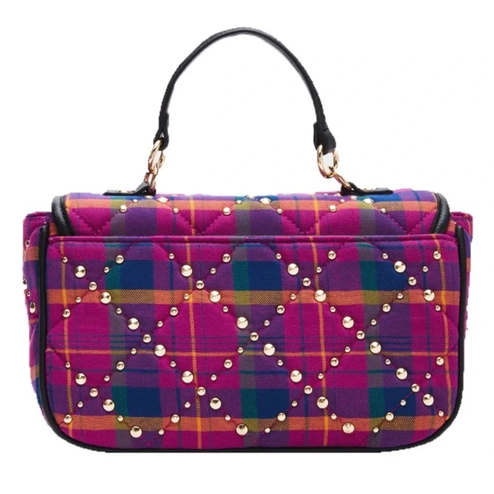 Betsey Johnson Pretty & Punk Plaid Studded Flap Satchel, Pink Multi